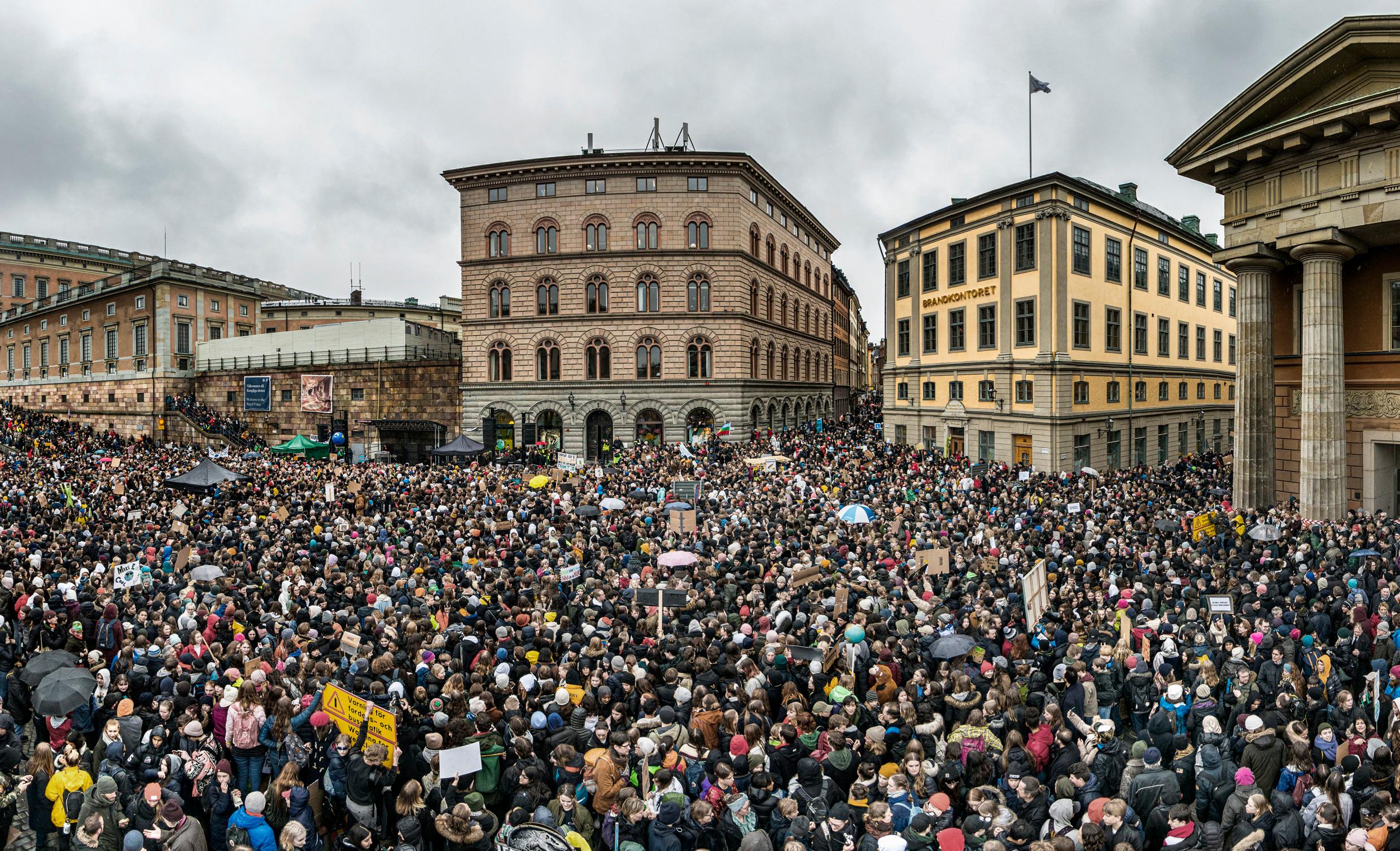 A crowd of people demonstrating in front of majestic-looking buildings. Swedish openness includes the right to demonstrate.