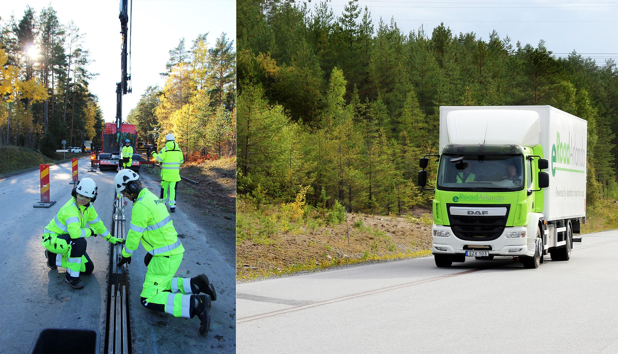 Left: workers installing a rail in a road. Right: An electric lorry driving on the rail.
