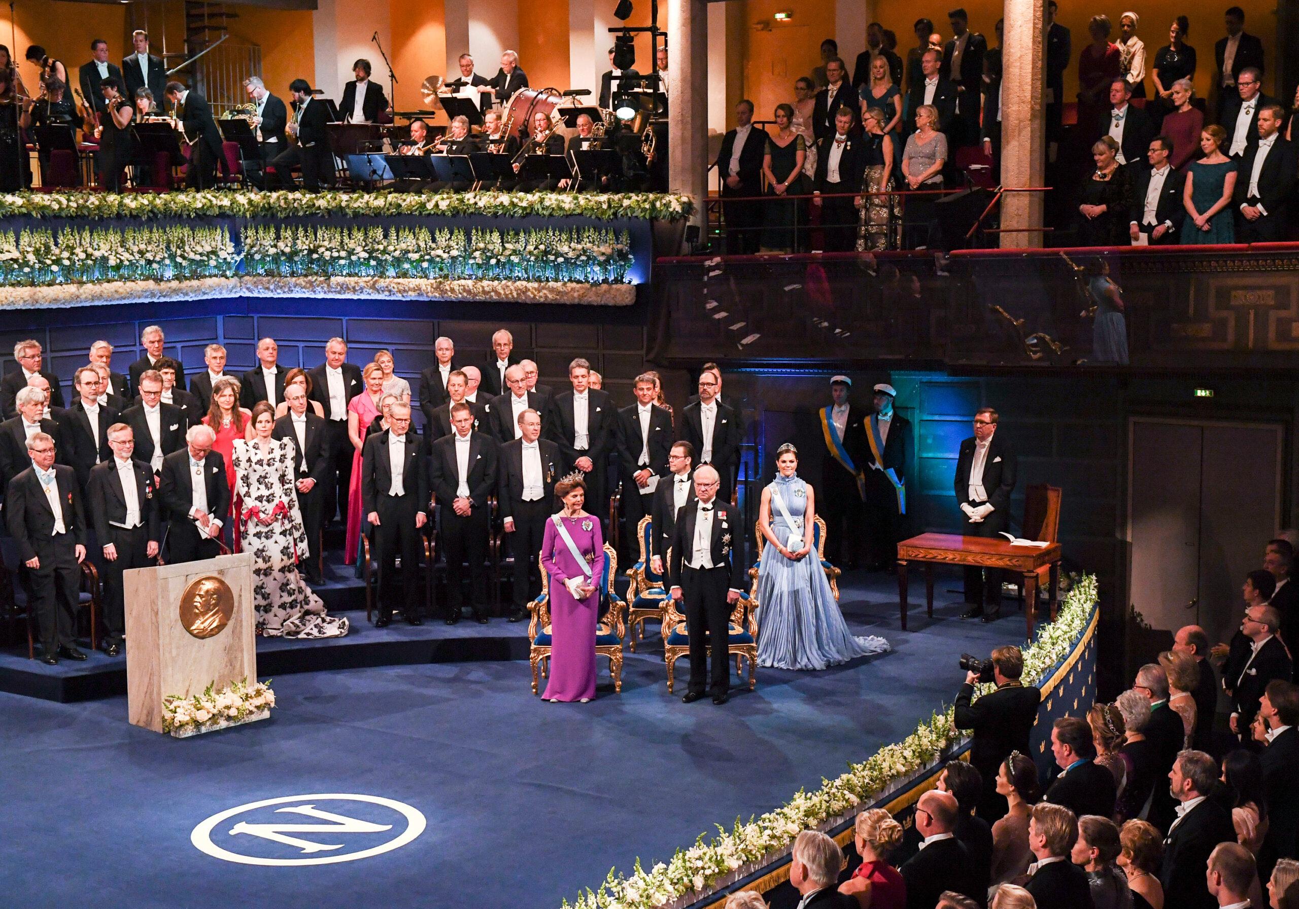 The Nobel Prize award ceremoni in Stockholm Concert Hall, with Queen Silvia, Prince Daniel, King Carl XVI Gustaf and Crown Princess Victoria seen to the right.