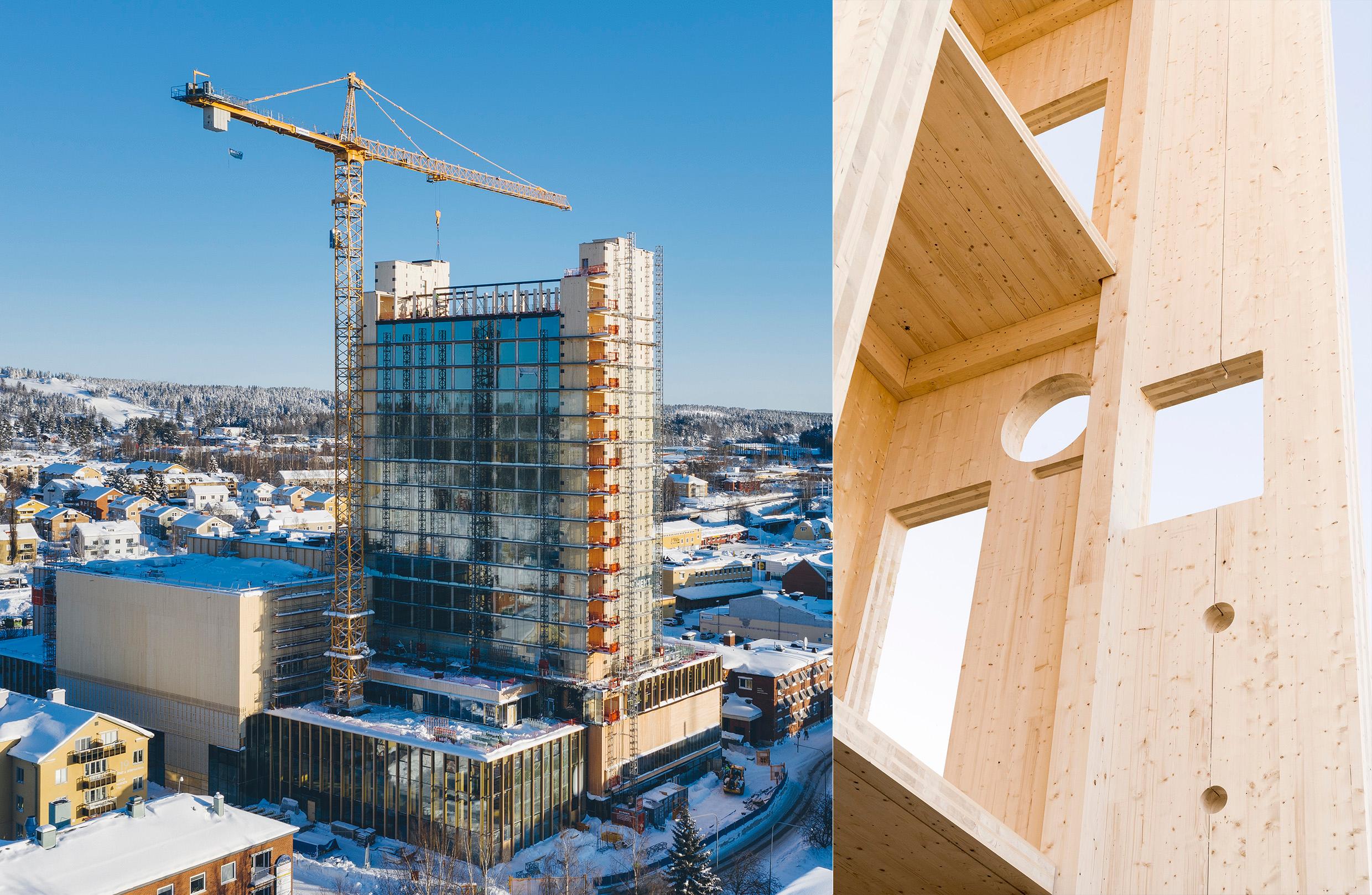 Sara Cultural Centre under construction. One photo with a towering building and a crane, one close-up of wooden walls.