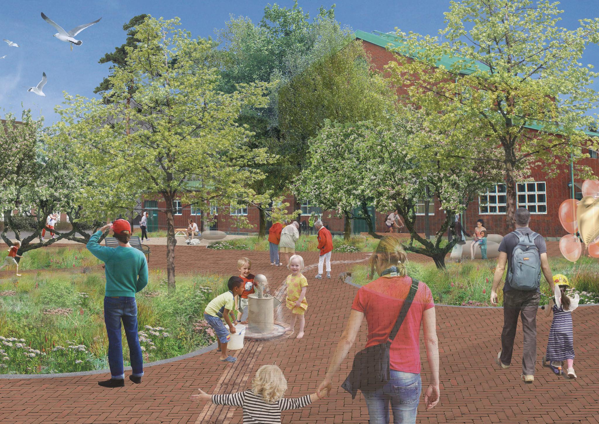 Illustration showing the vision for Sege Park: lots of green, people walking and children playing.