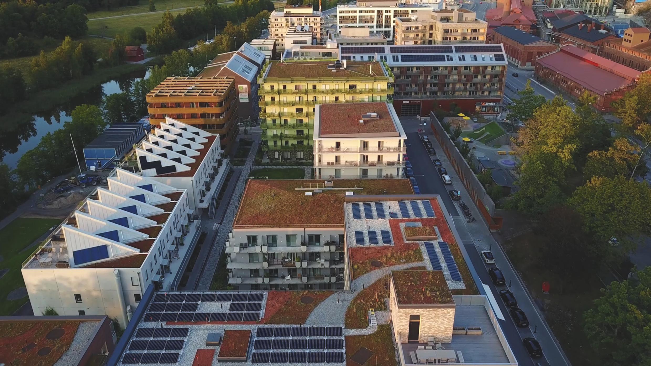 Areal view of blocks of flats in the Stockholm Royal Seaport area.