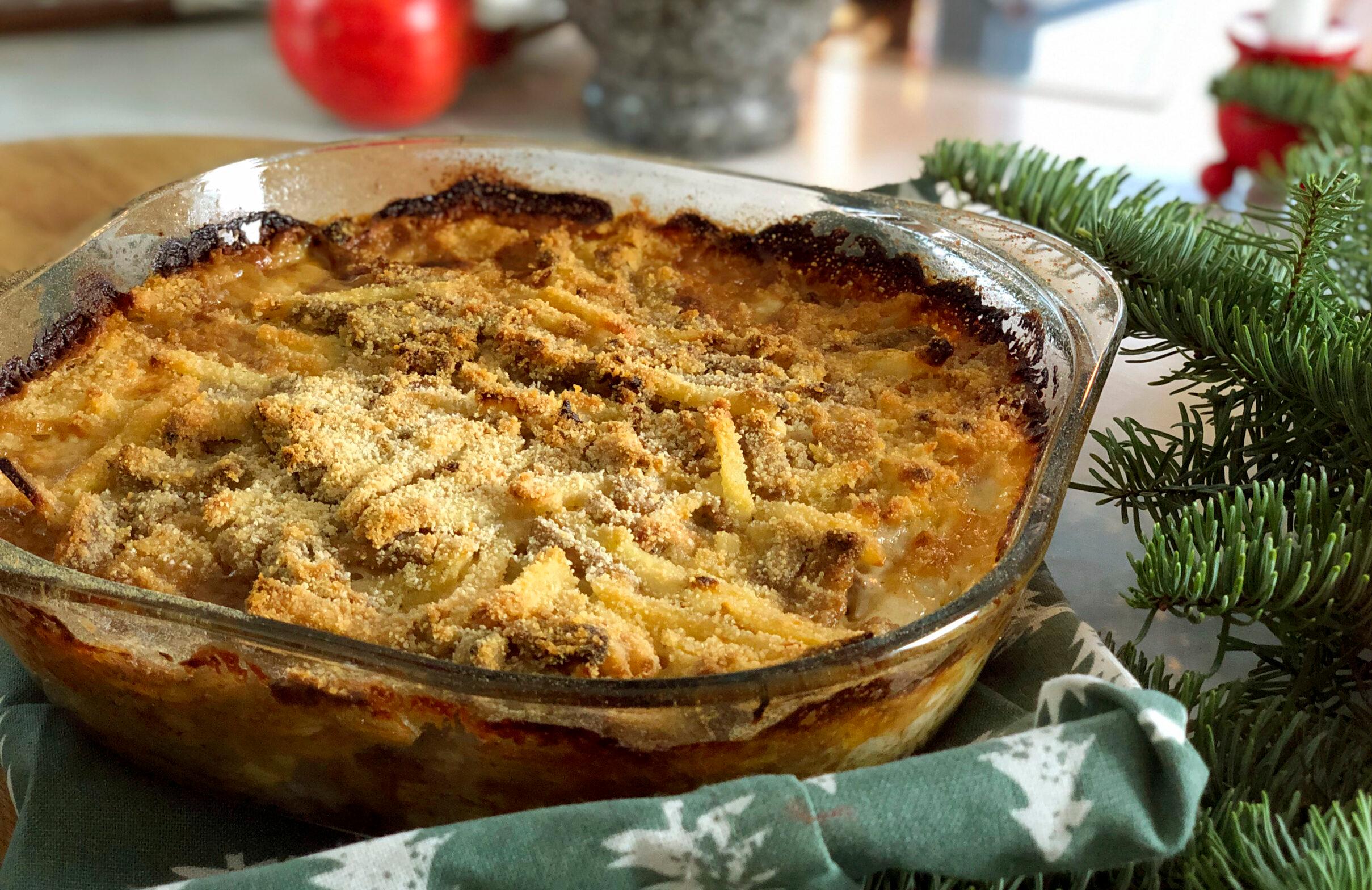 Close-up of 'Jansson's temptation', a dish with herring, potatoes and onions baked in cream.