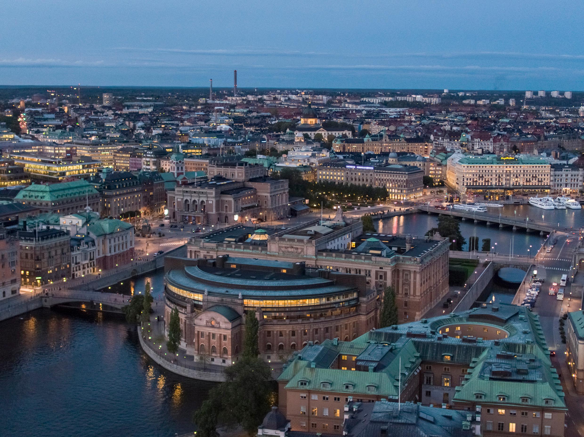 City skyline with the oval Swedish parliament building in the foreground.