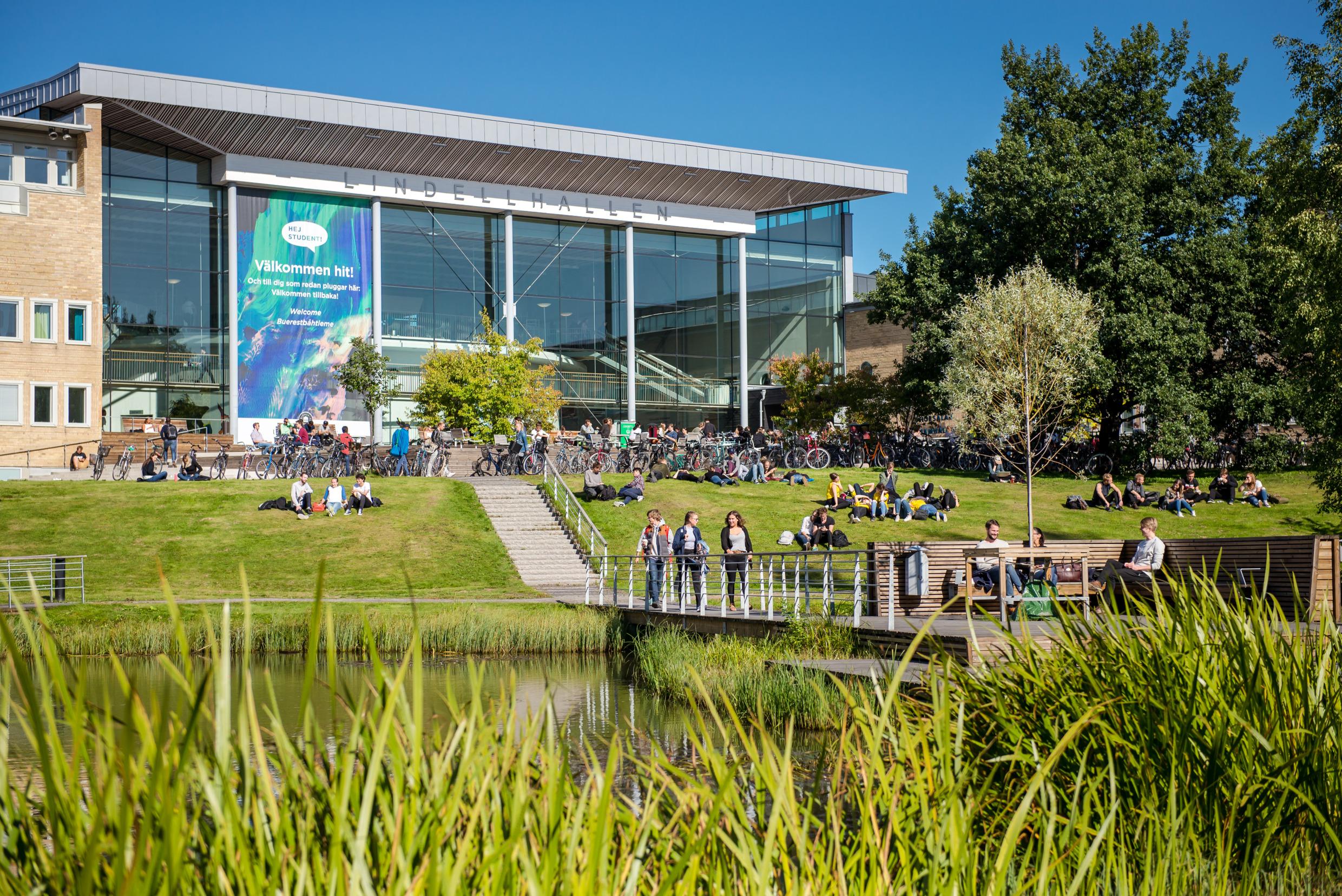 A big building with a glass facade lies beyond a big grassy area with people sitting and walking.