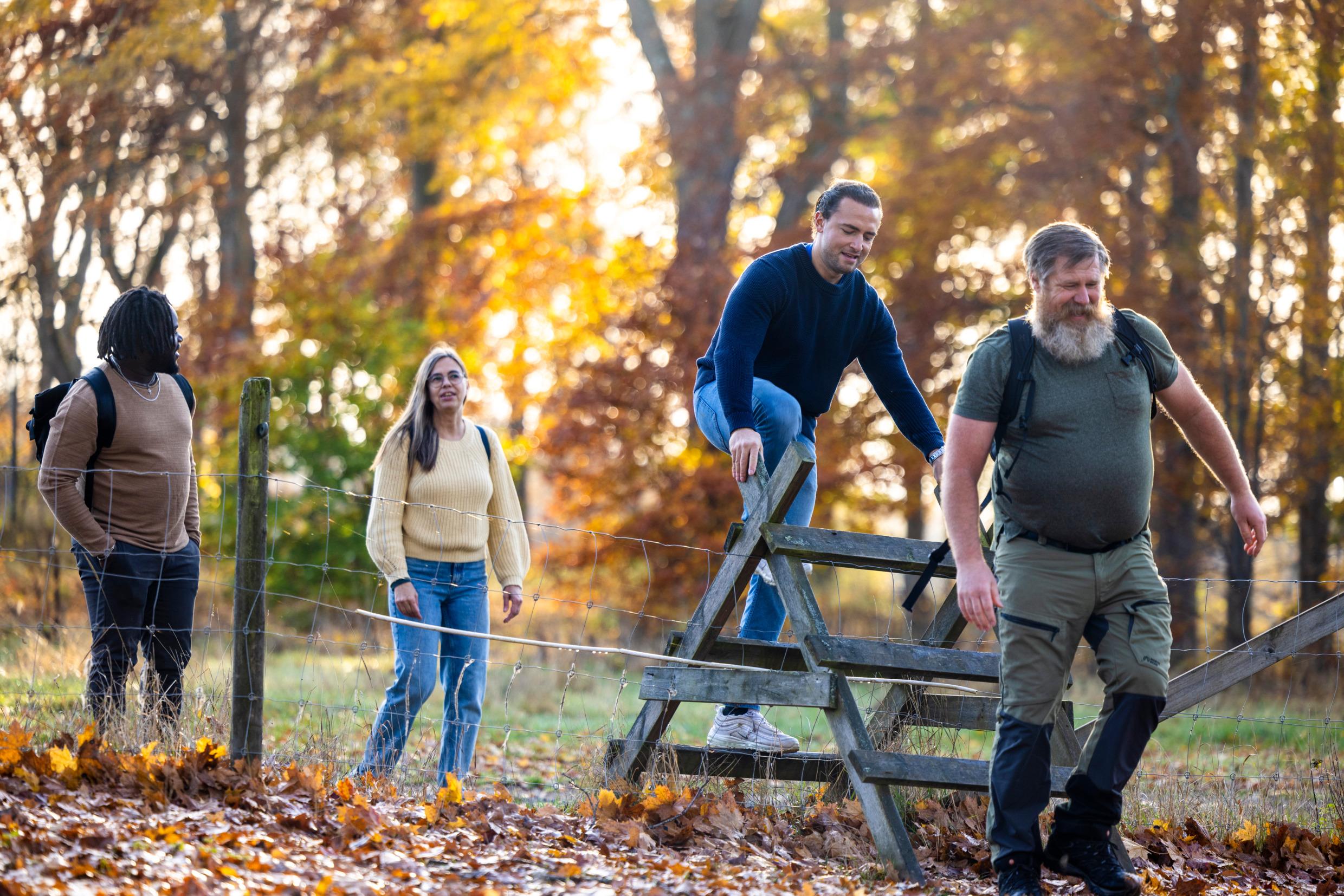 Three people hiking with a guide in autumn weather.