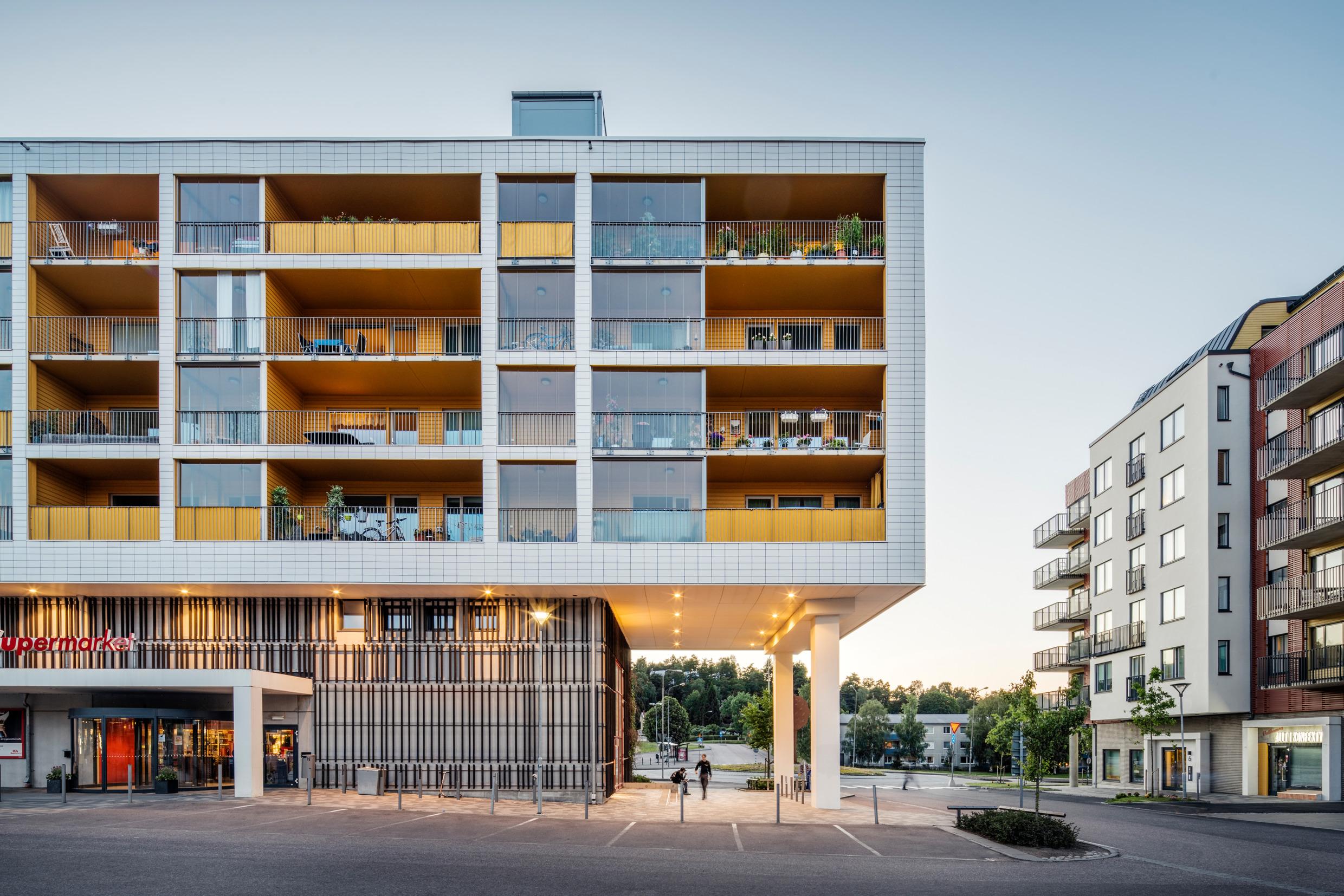 A suburban centre with modern architecture.