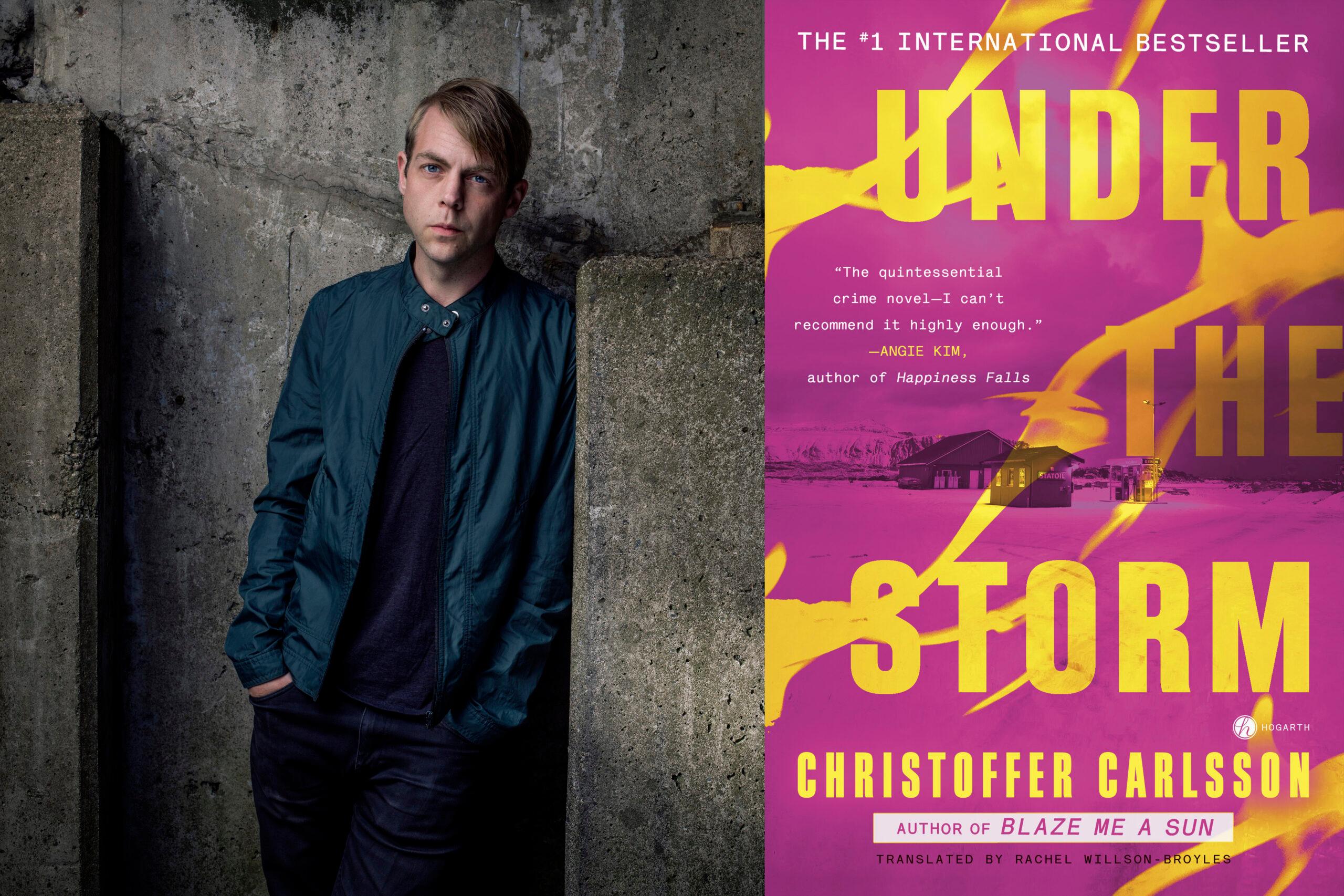 Portrait of a man to the left and the cover of a book entitled 'Under the Storm' to the right.