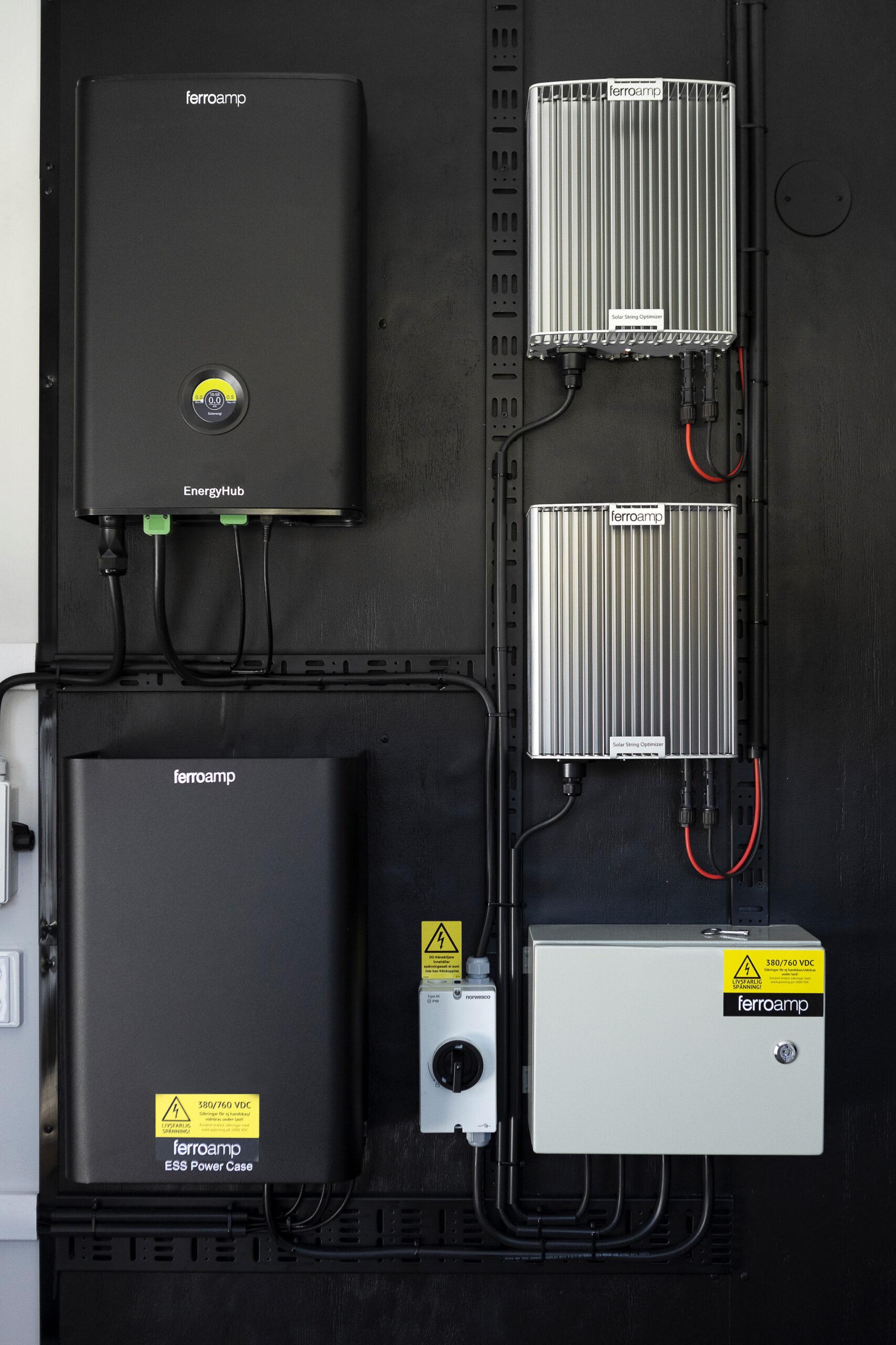 Electrical installation on a wall. Ferroamp is among the Swedish companies that contribute to the green transition.