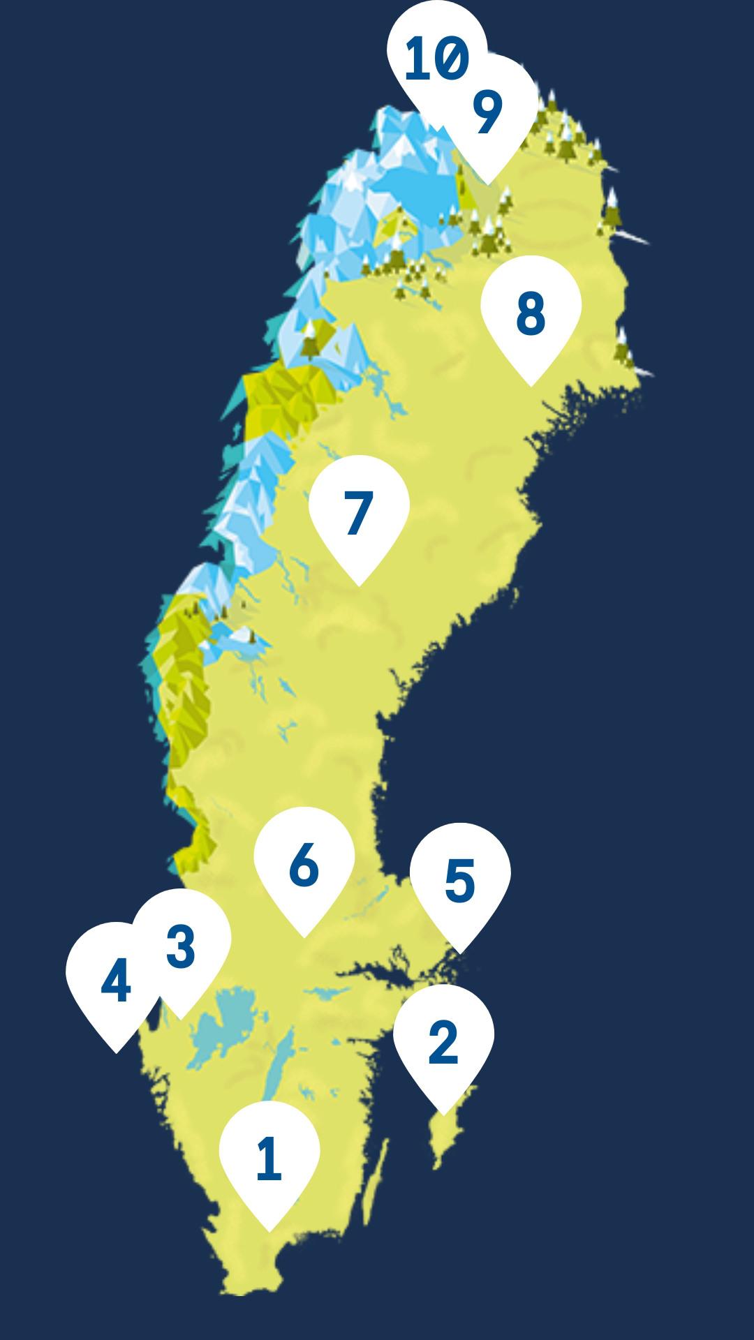 Map of Sweden with the numbers 1 to 10 marked on it.