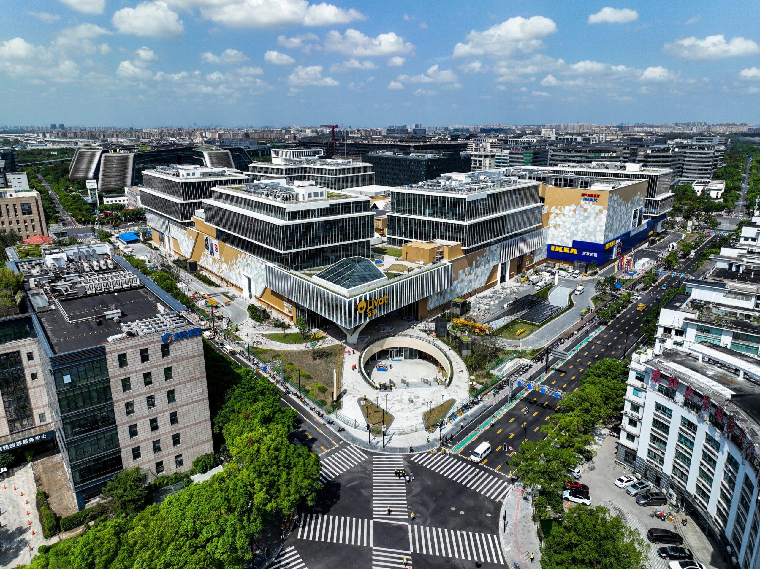Aerial view of Shanghai, with an IKEA store in the picture.
