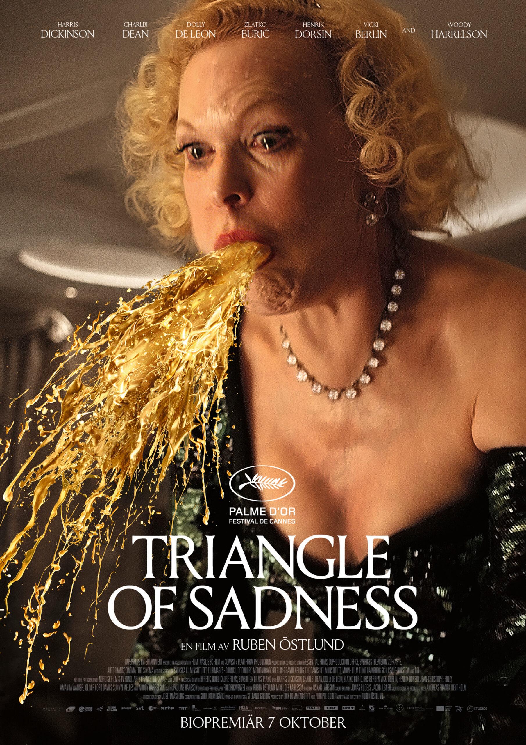 Film poster with woman spewing. Text: &quot;Triangle of Sadness&quot;, referring to the film by Swedish film director Ruben Östlund.