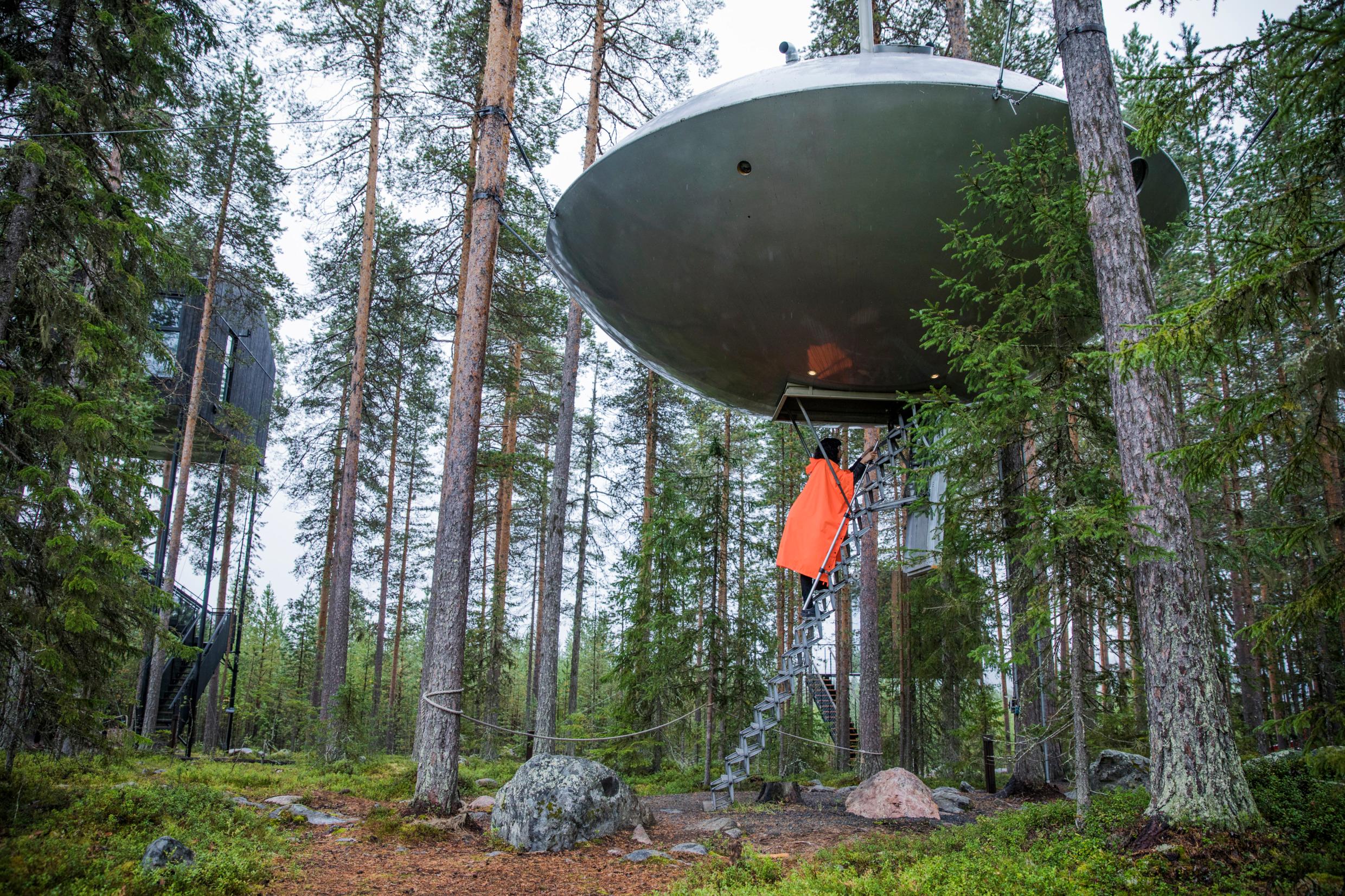 A woman climbs up a ladder to a tree house designed like a Ufo located in the pine tree tops, in a forest in Swedish Lapland.