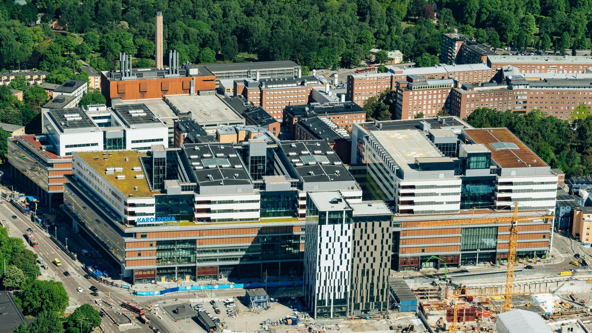 Aerial photo of buildings that are part of New Karolinska hospital in Stockholm.