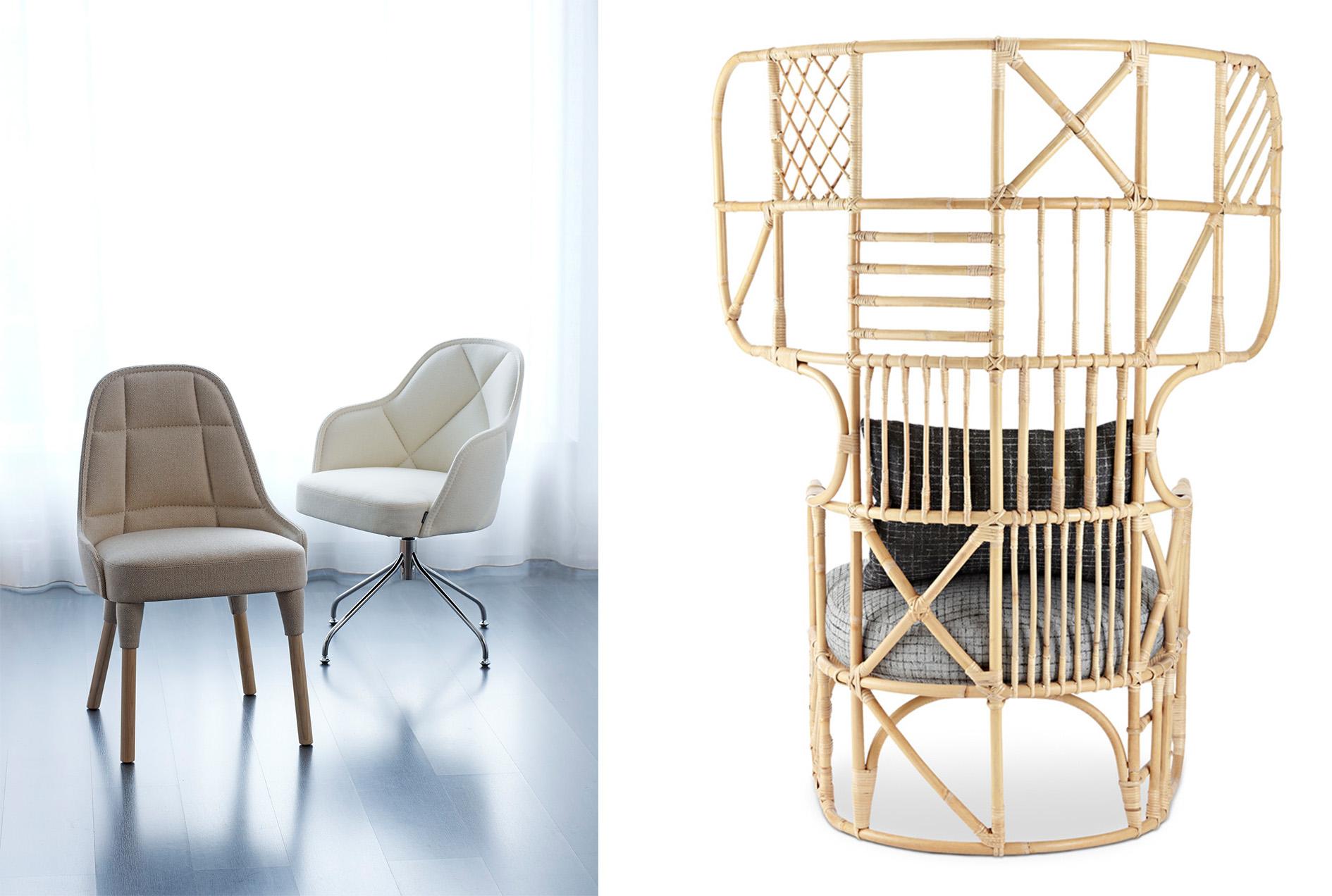 Left: Two different upholstered chairs. Right: A tall wicker chair.