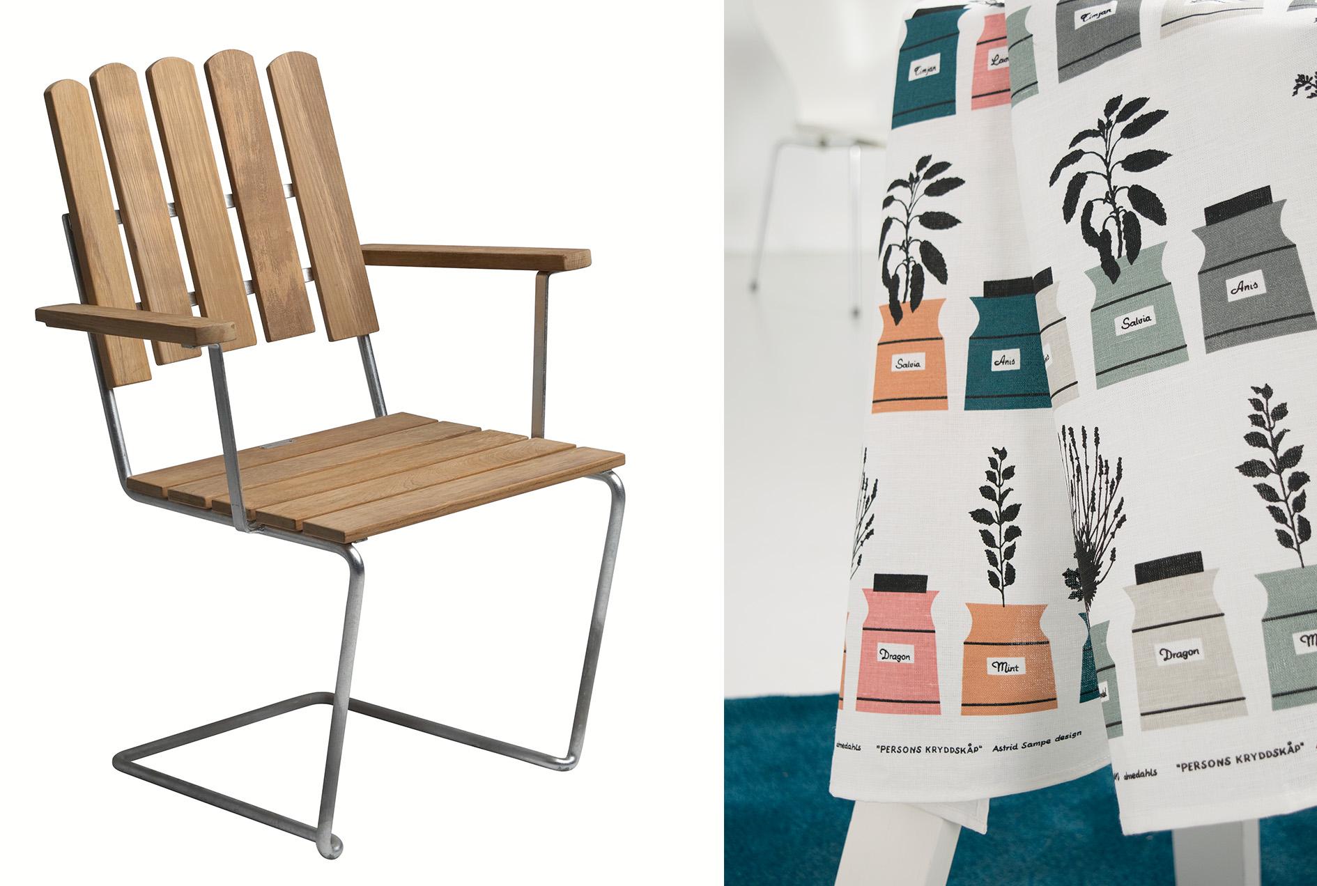 Left: A wooden garden chair. Right: Fabric with a pattern.