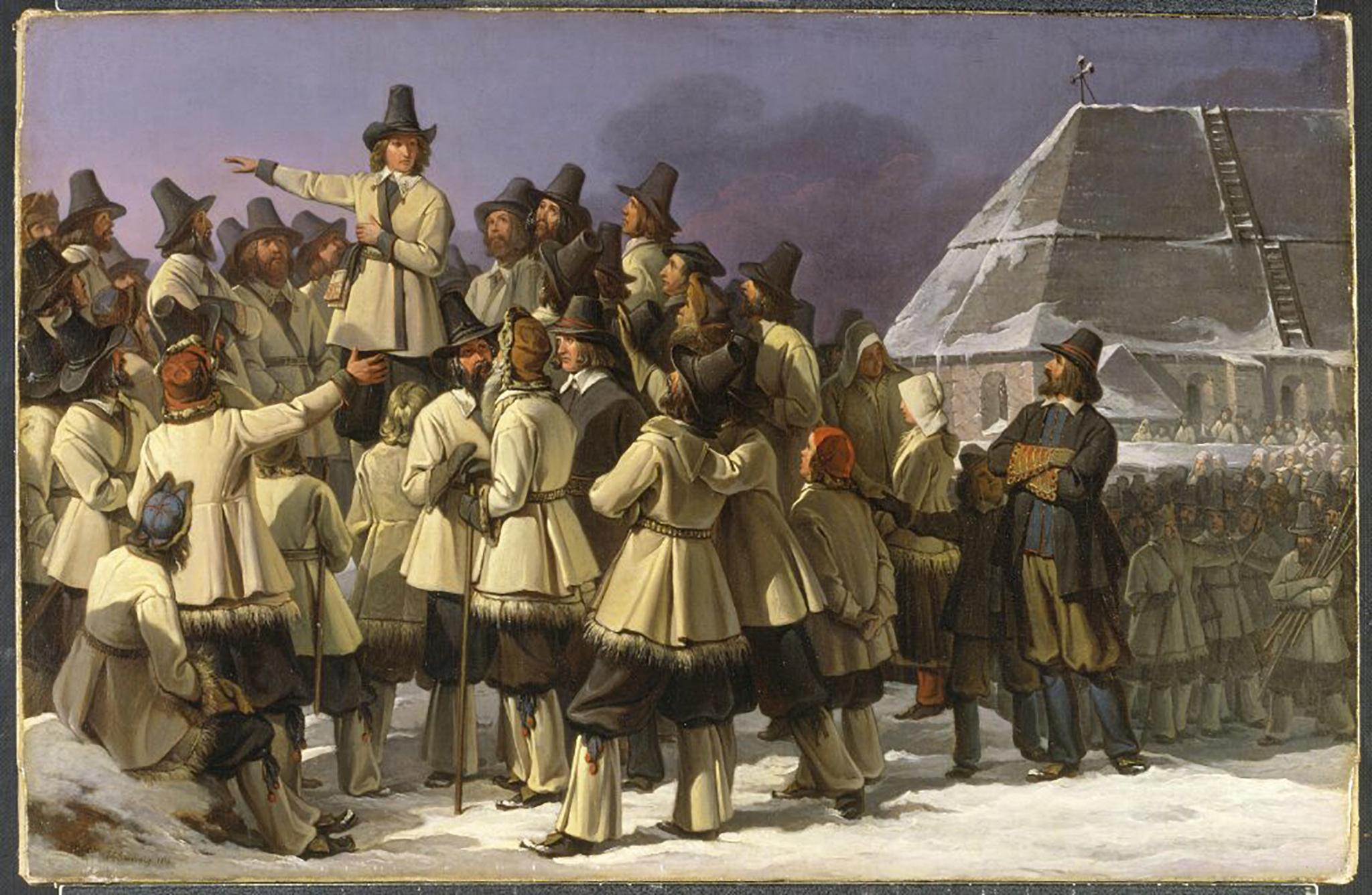 A snapshot from the history of Sweden – a painting showing a group of men gathered around a man standing in a raised position pointing with his arm.