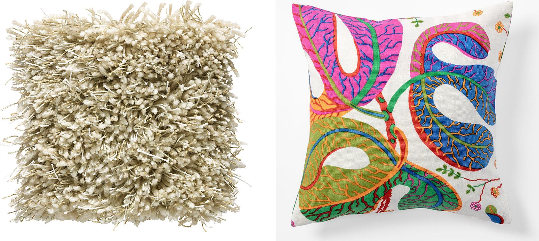Left: A beige long-pile rug. Right: A cushion with a colourful pattern.