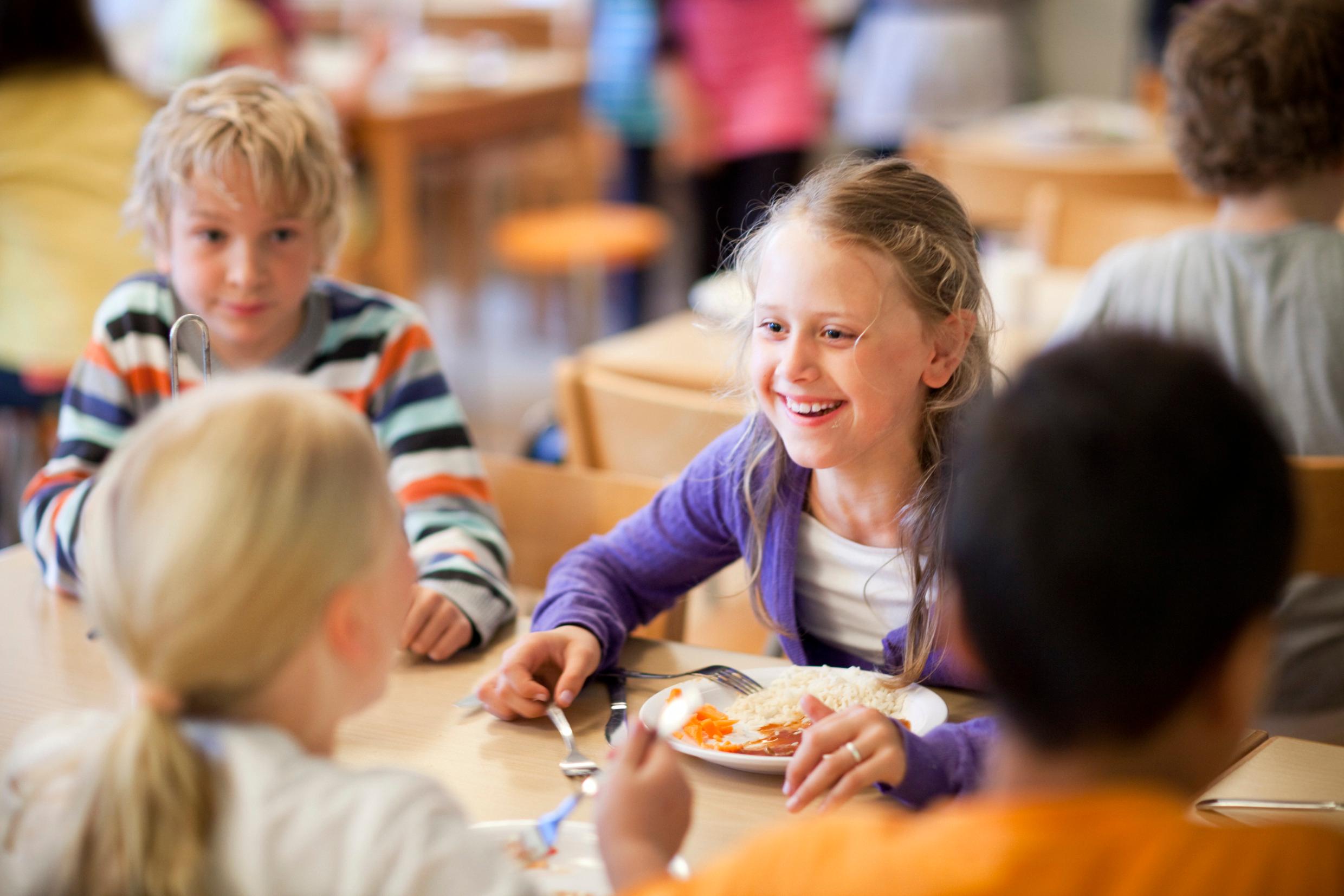 Children sitting at a table eating. A Swedish family can rely on their children getting fed at school.