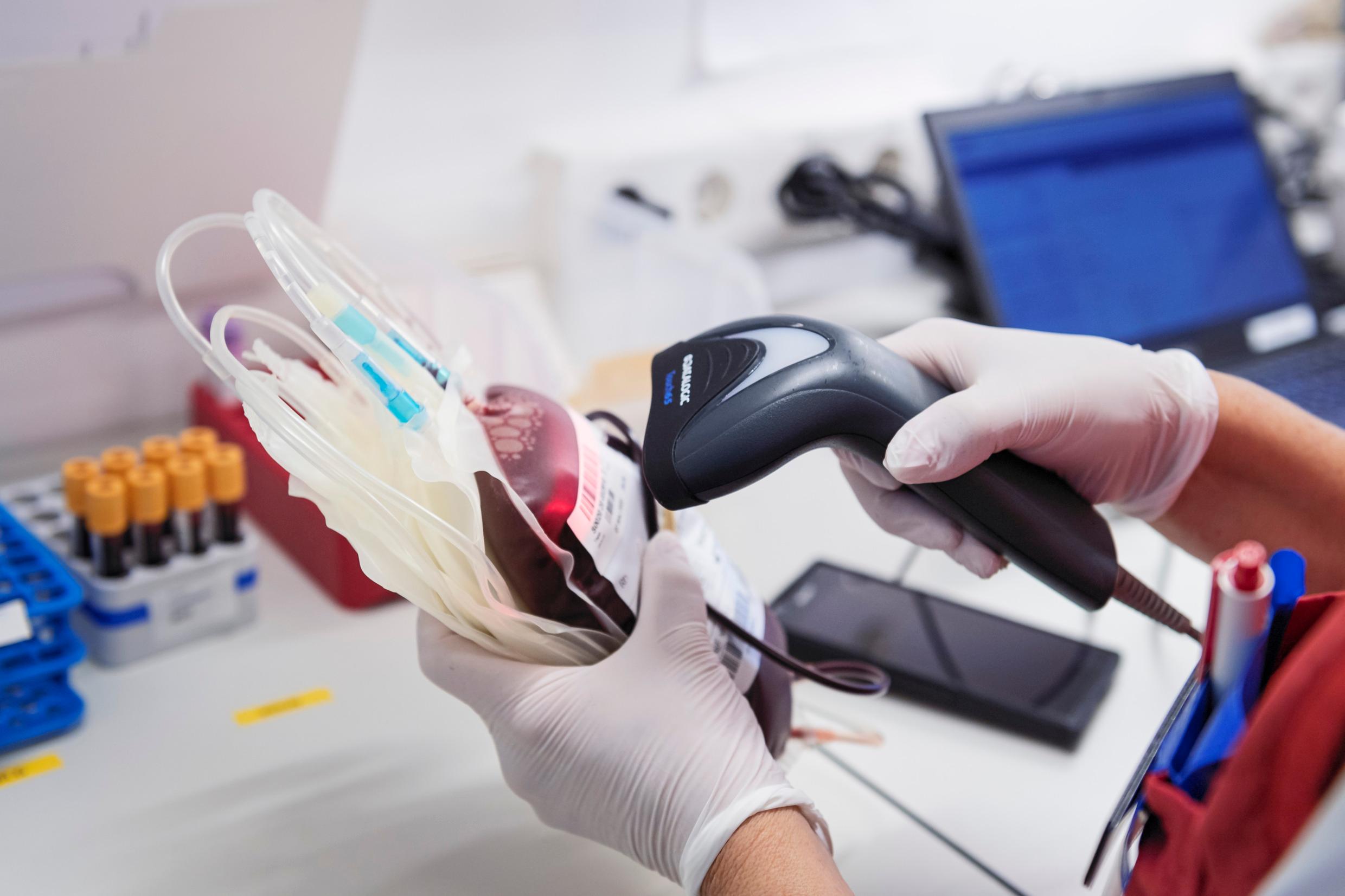 A healthcare worker scans a bag of donated blood.