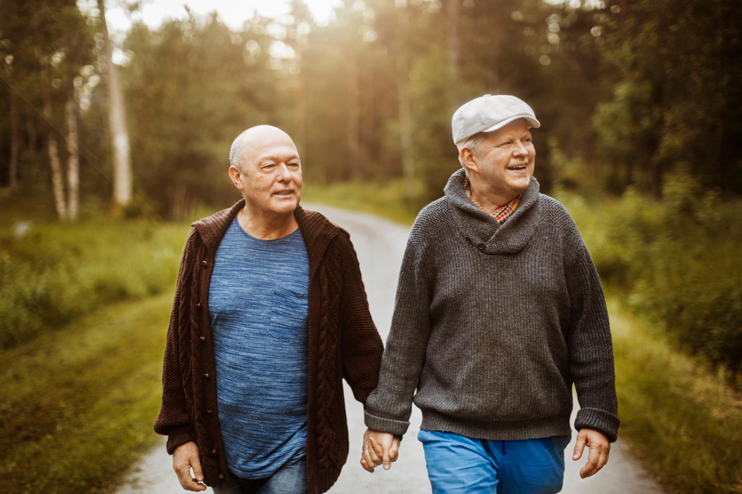 Two older men holding hands outdoors in nature.