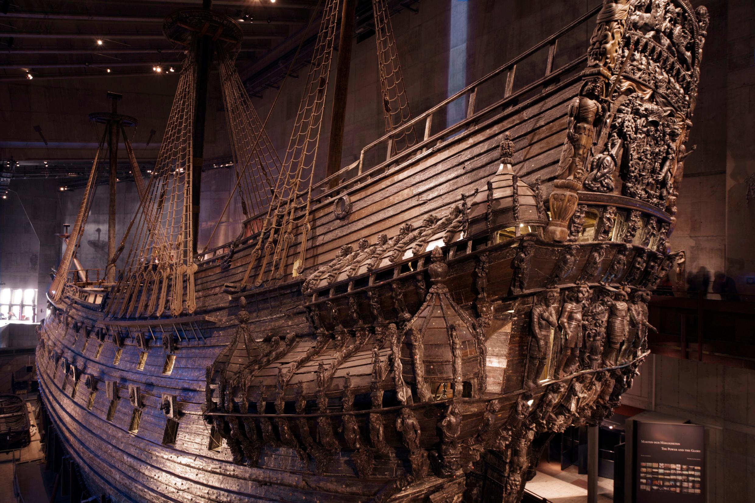 The 17th century warship Wasa propped up inside a museum.