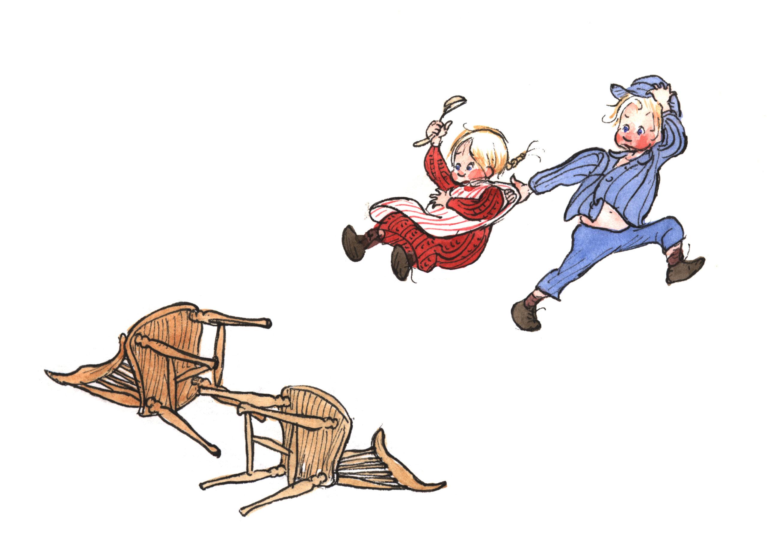 An illustration showing Emil in Lonneberga and his sister Ida running. To the left, two chairs are lying down.