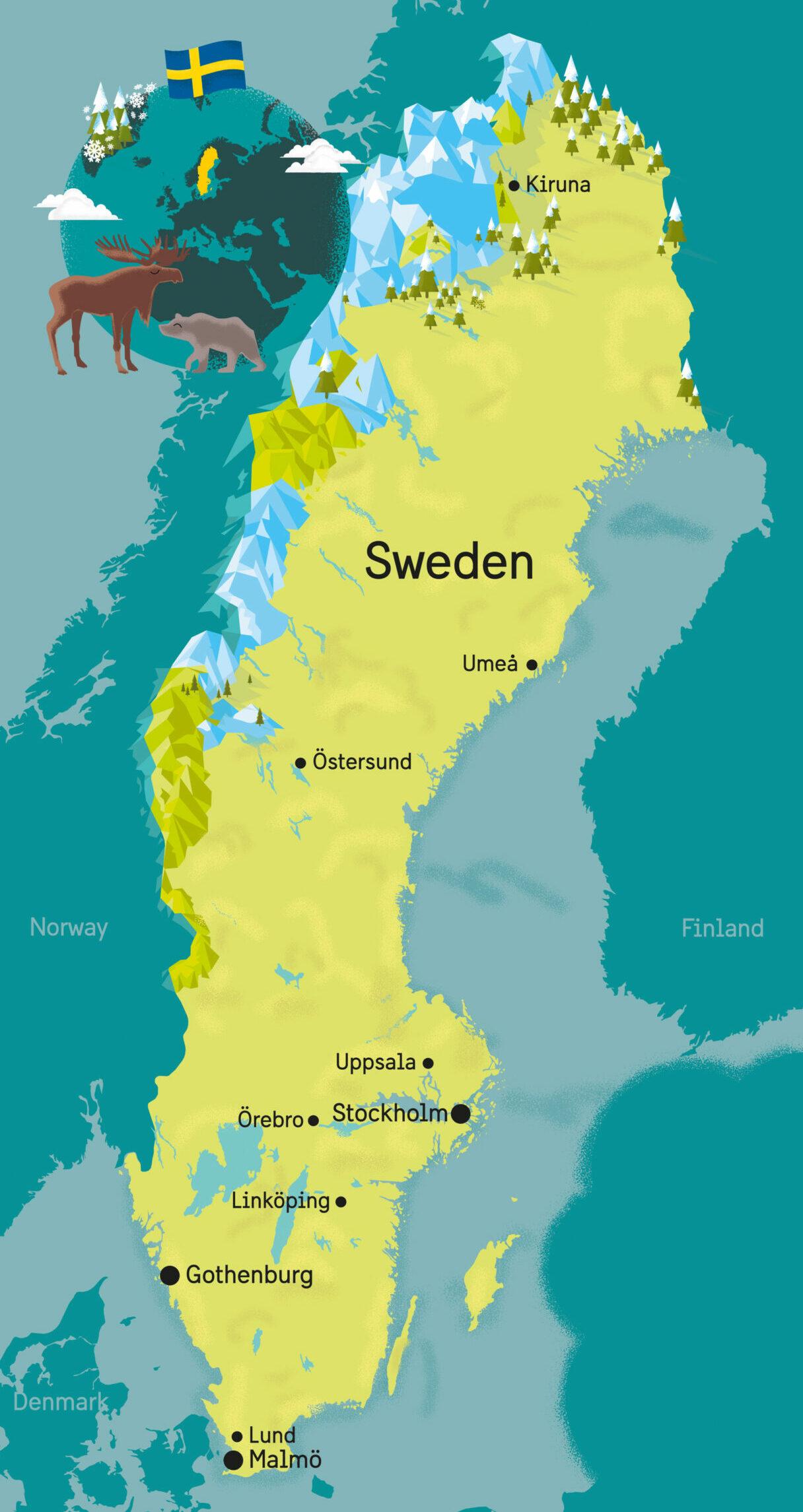 A map of Sweden with ten cities marked out.