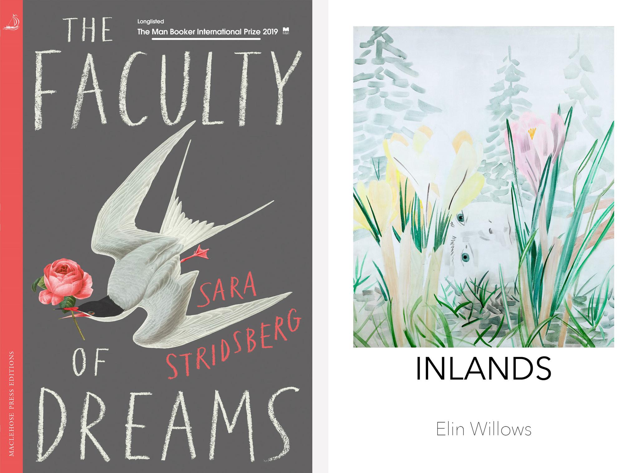 Left: Cover of the book The Faculty of Dreams, with a big bird and the title on. Right: Cover of the book Inlands with illustrated flowers and the title on.