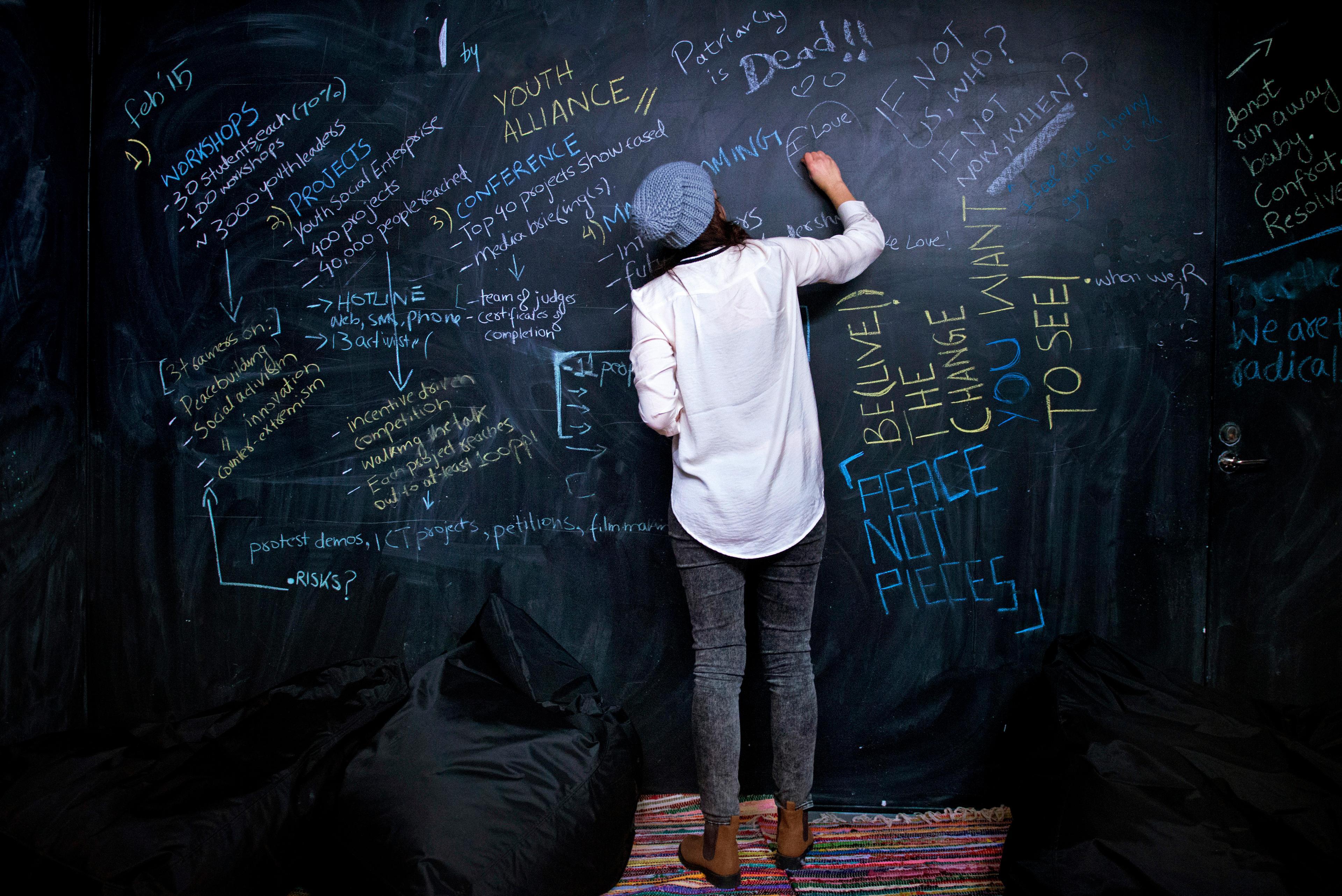 A person in a white shirt, dark trousers and a woolly hat is writing on a blackboard, turned away from the camera.