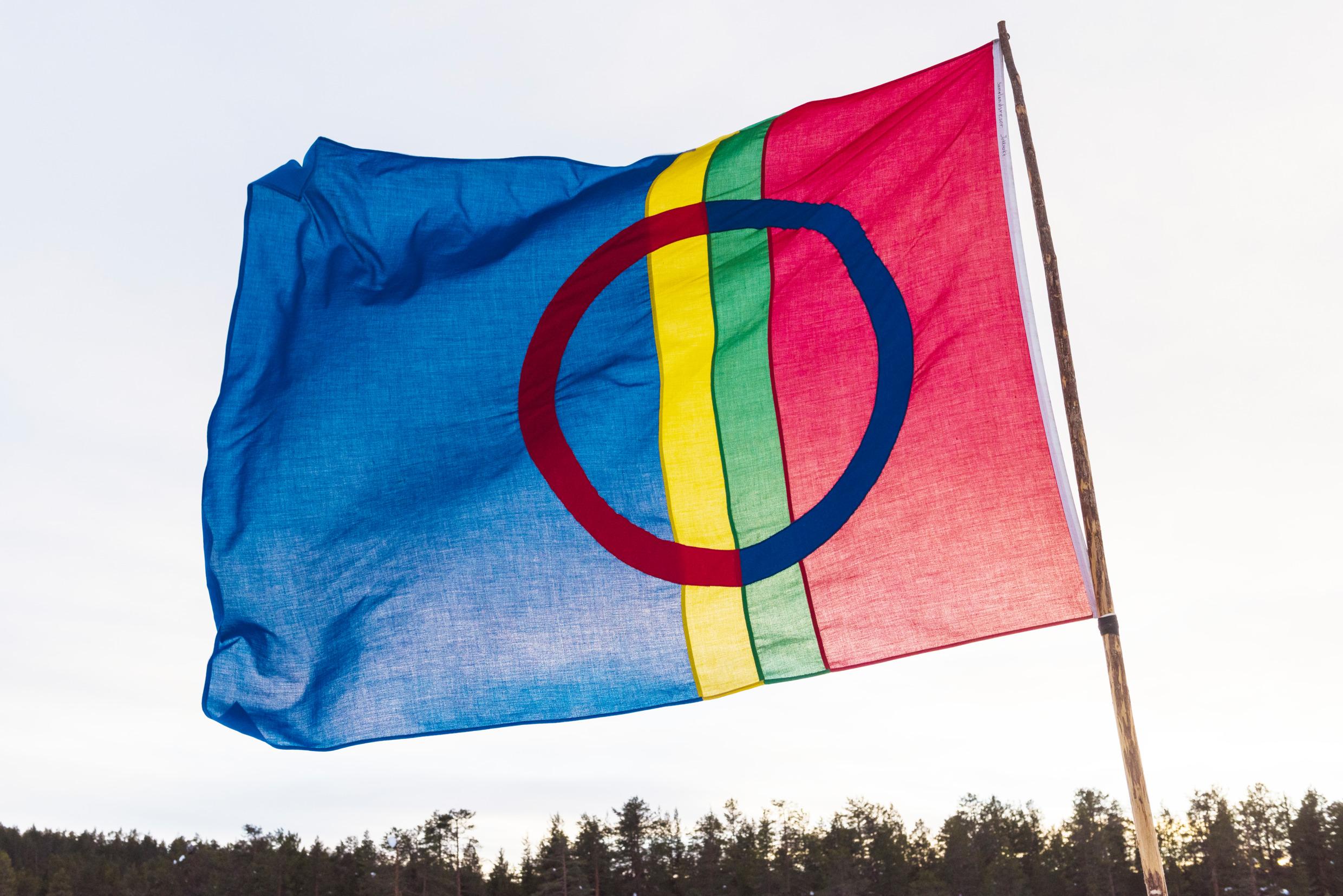 A Sami flag, red, green, yellow and blue with lines and a circle.