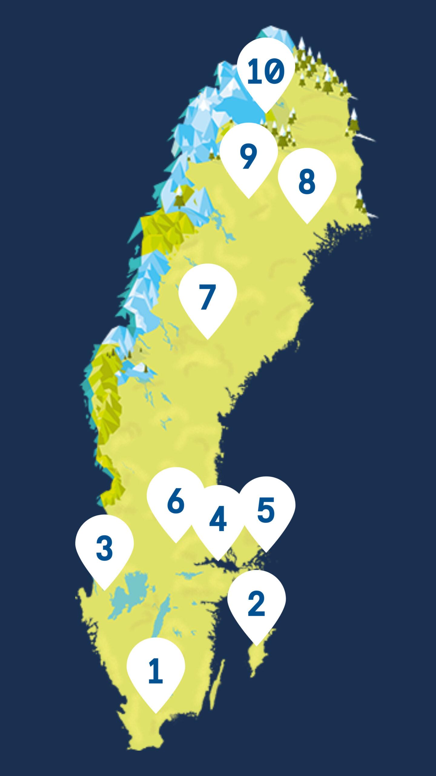 Map of Sweden against a dark blue background, and with numbers dotted over the country.